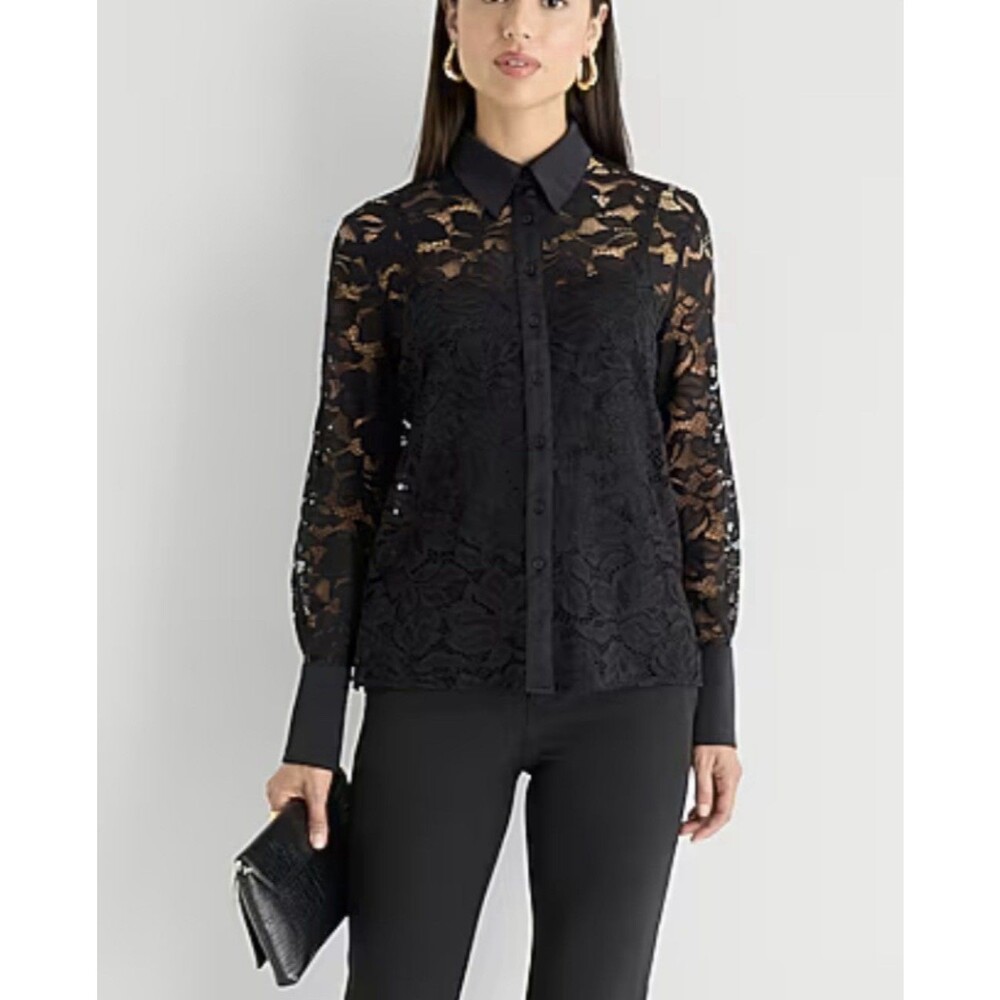 Vince Camuto blouse Black Floral Lace Button Front top Black Blouse size Medium